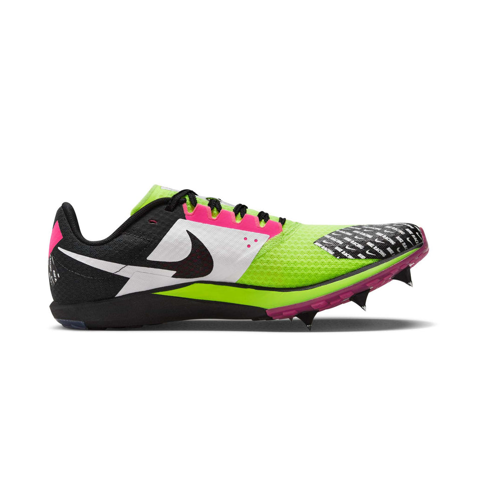 Medial side of the left shoe from a pair of Nike Unisex Rival XC 6 Cross-Country Spikes in the Volt/White-Black-Hyper Pink colourway (8064173211810)