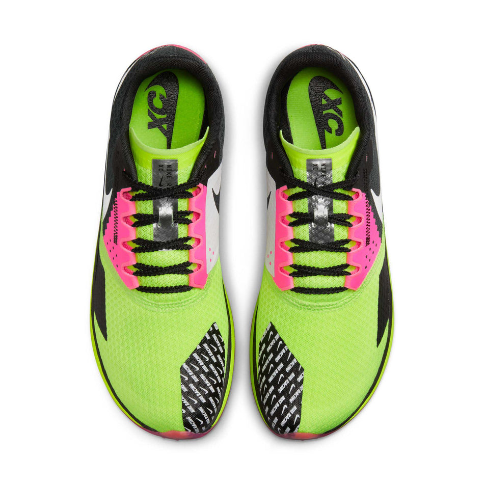 The uppers on a pair of Nike Unisex Rival XC 6 Cross-Country Spikes in the Volt/White-Black-Hyper Pink colourway (8064173211810)