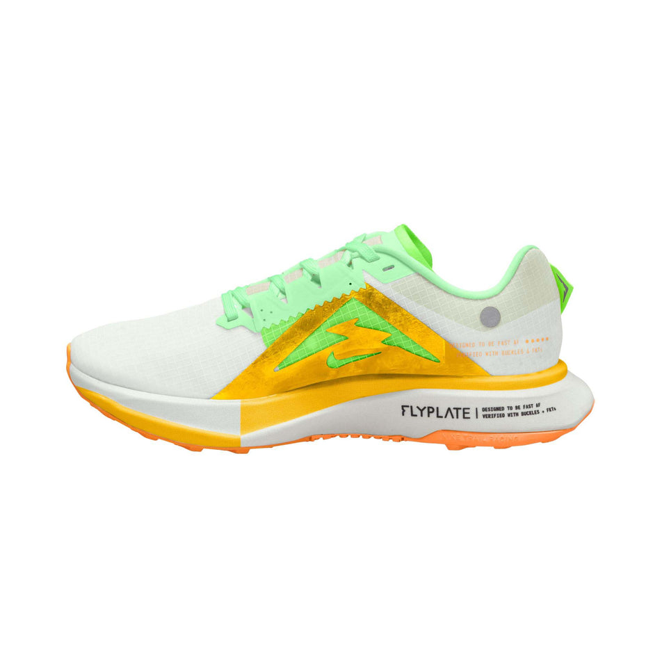 Medial side of the right shoe from a pair of Nike Women's Ultrafly Trail Racing Shoes in the Summit White/Black-Vapor Green colourway (8185990840482)