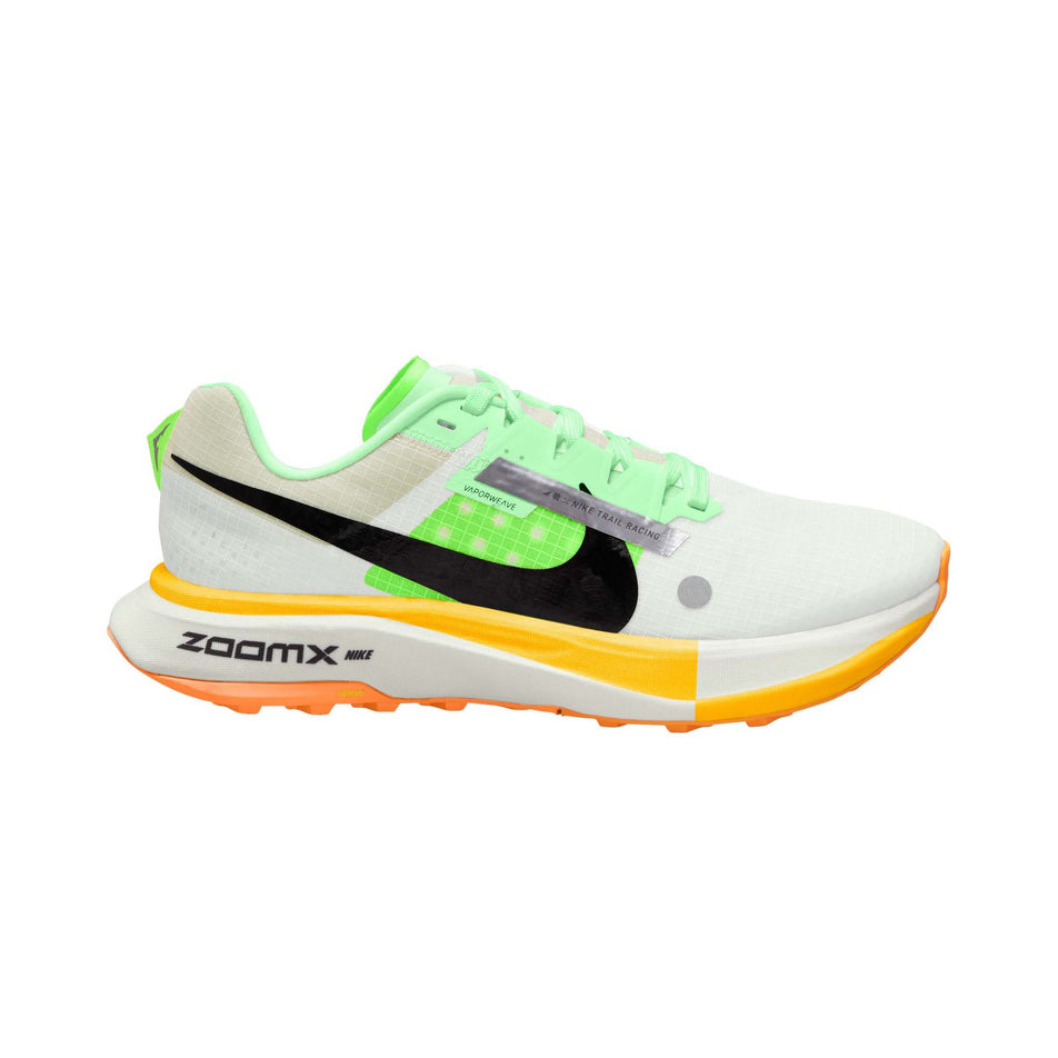 Lateral side of the right shoe from a pair of Nike Women's Ultrafly Trail Racing Shoes in the Summit White/Black-Vapor Green colourway (8185990840482)