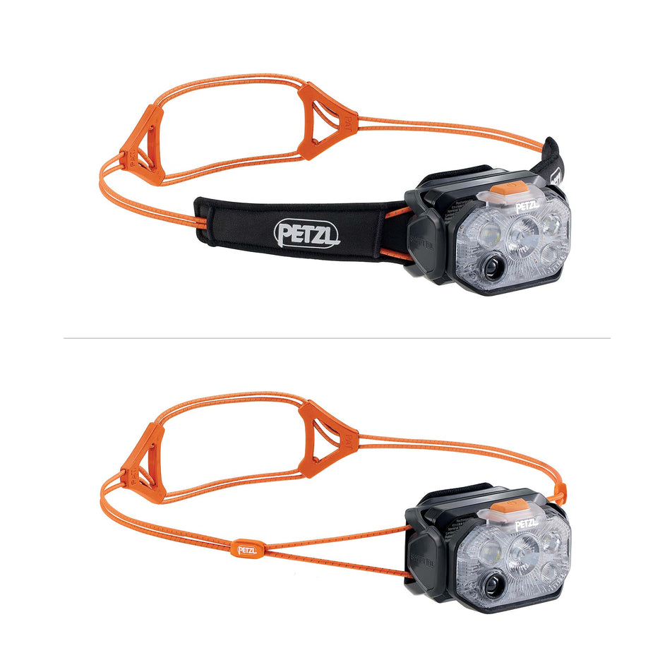 A comparison image of the Petzl SWIFT® RL Head Torch in the Black/Orange colourway, showing it with and without the padding.