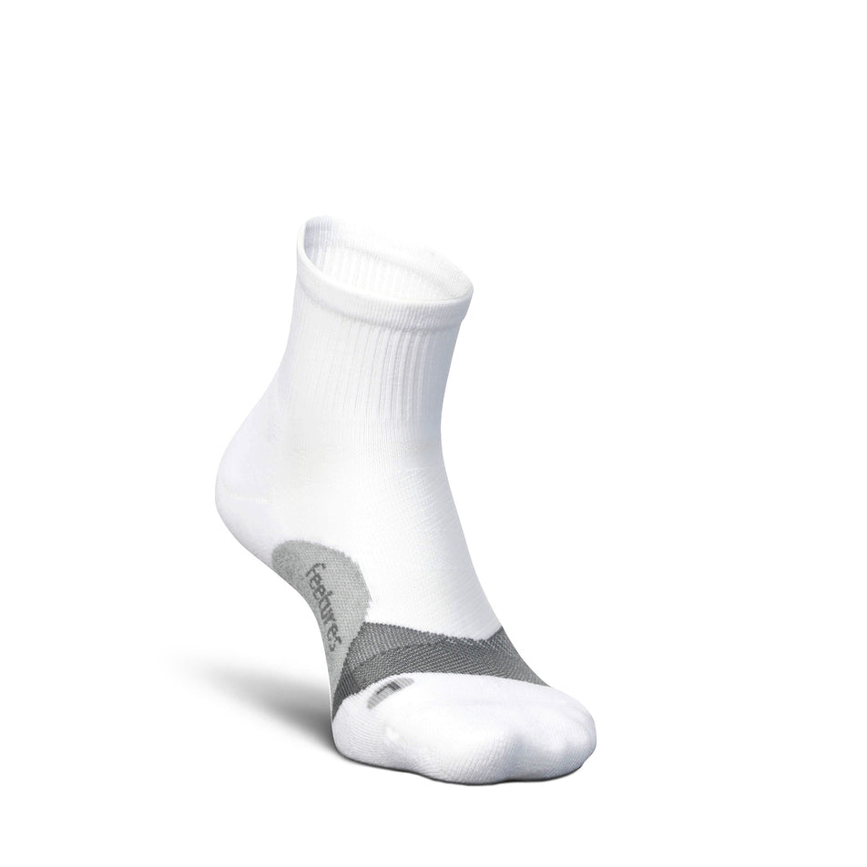 Medial view of the left sock from a pair of Feetures Unisex Elite Light Cushion Quarter in the White colourway.