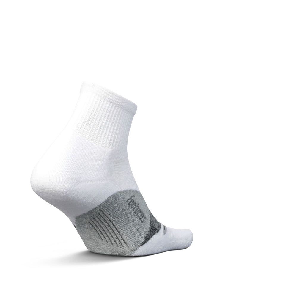 Medial view of the left sock from a pair of Feetures Unisex Elite Light Cushion Quarter in the White colourway.