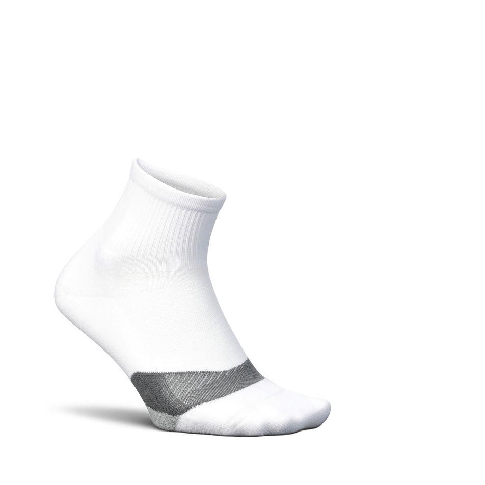 Lateral view of the right sock from a pair of Feetures Unisex Elite Light Cushion Quarter in the White colourway.