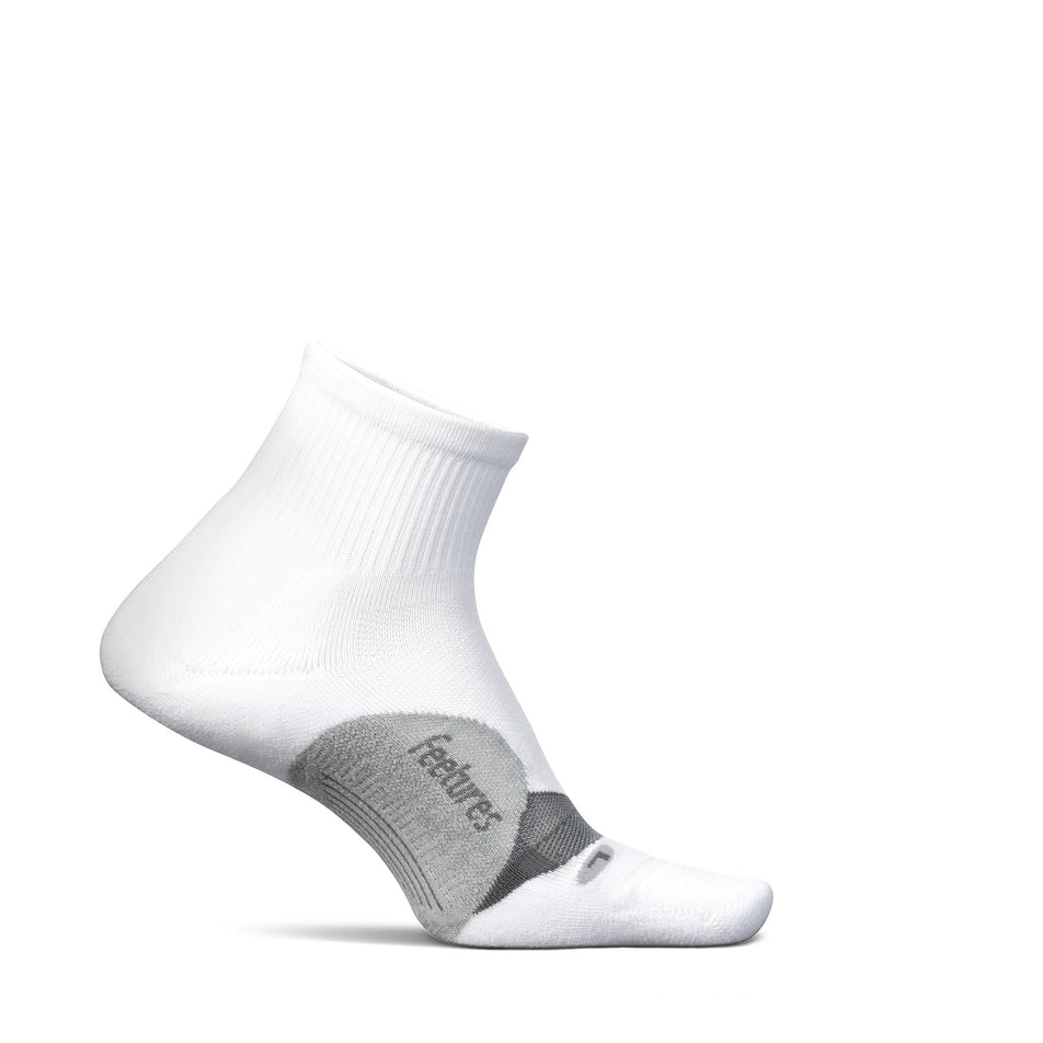 Medial view of the left sock from a pair of Feetures Unisex Elite Light Cushion Quarter in the White colourway.