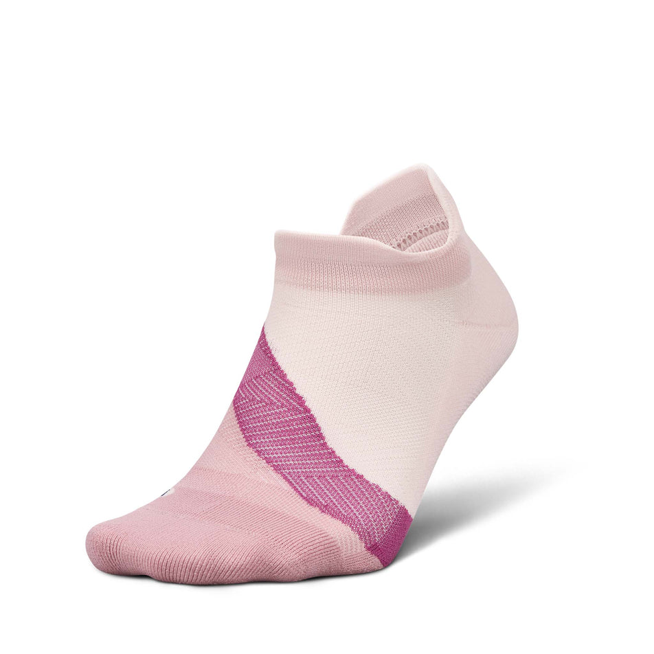 Lateral view of the left sock from a pair of Feetures Unisex Elite Light Cushion No Show Tab in the Pink Salt colourway.