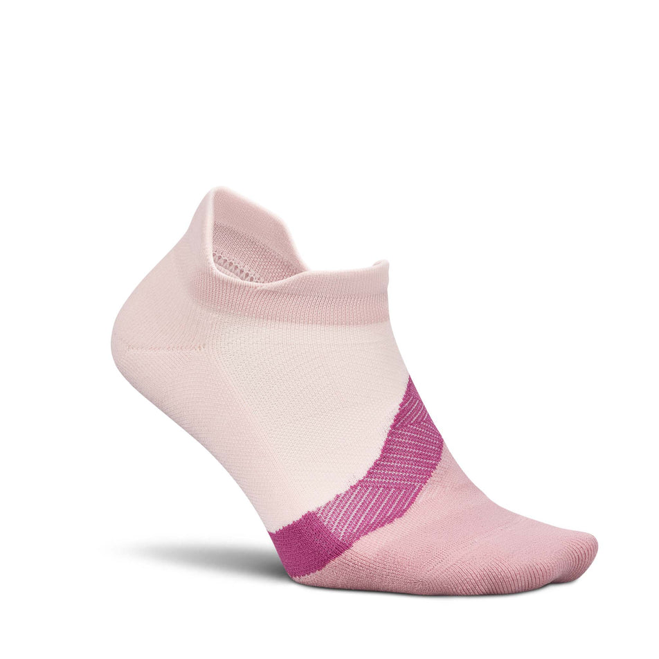 Lateral view of the right sock from a pair of Feetures Unisex Elite Light Cushion No Show Tab in the Pink Salt colourway.