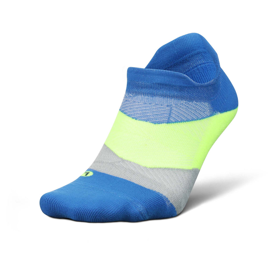 Lateral side of the left sock from a pair of Feetures Elite Light Cushion No Show Tab Running Socks in the Boulder Blue colourway (8025140166818)