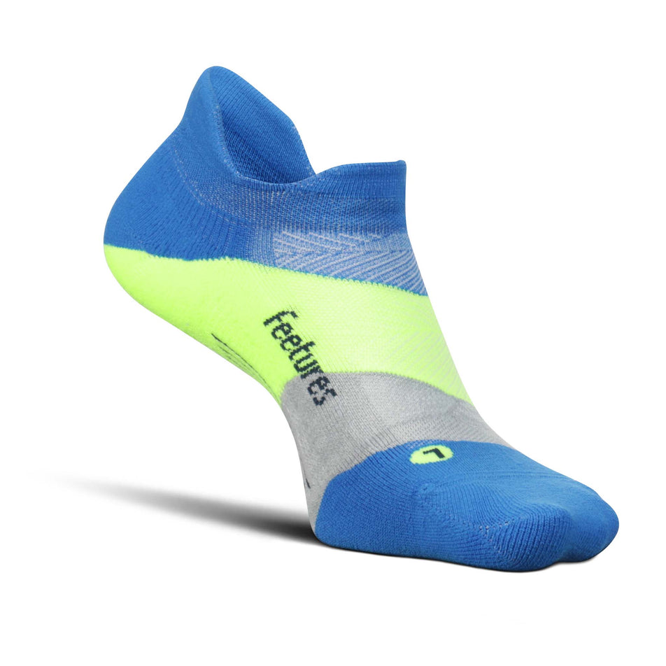 Medial side of the left sock from a pair of Feetures Elite Light Cushion No Show Tab Running Socks in the Boulder Blue colourway (8025140166818)