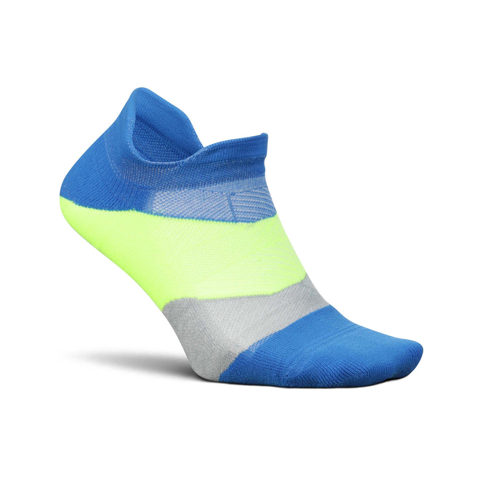 Lateral side of the right sock from a pair of Feetures Elite Light Cushion No Show Tab Running Socks in the Boulder Blue colourway (8025140166818)