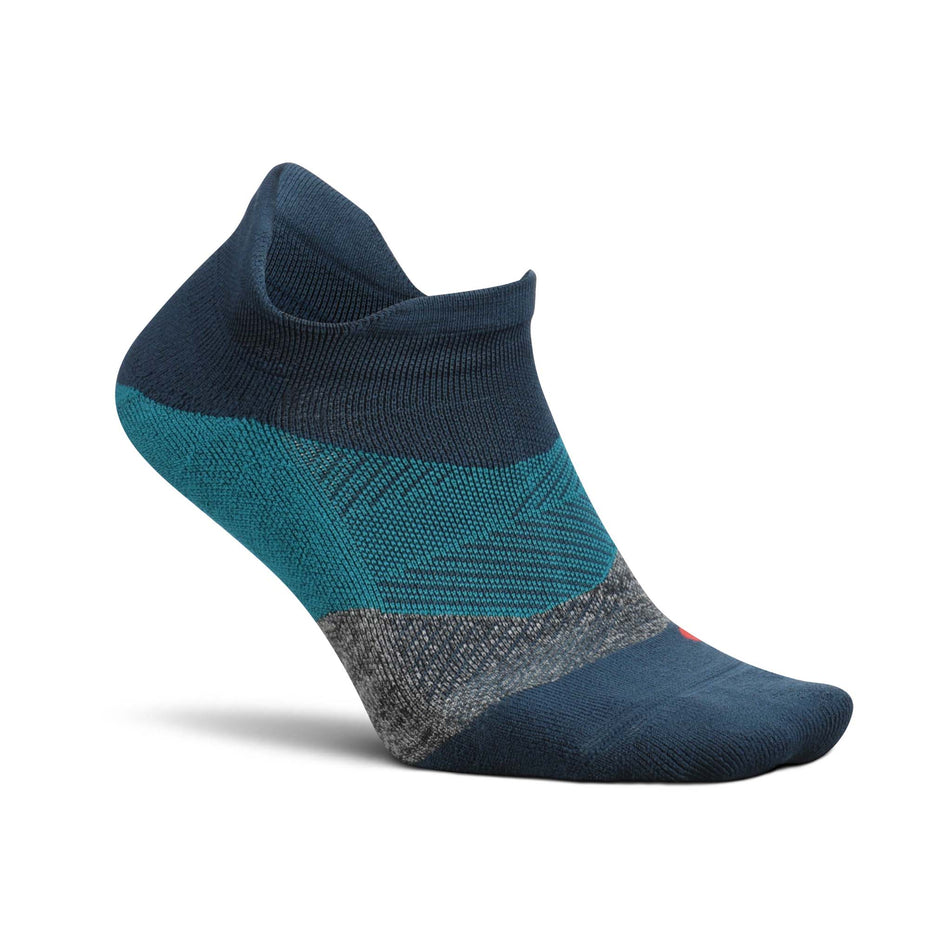 Lateral side of the right sock from a pair of Feetures Unisex Elite Light Cushion No Show Tab Running Socks in the Trek Teal colourway (8025178833058)