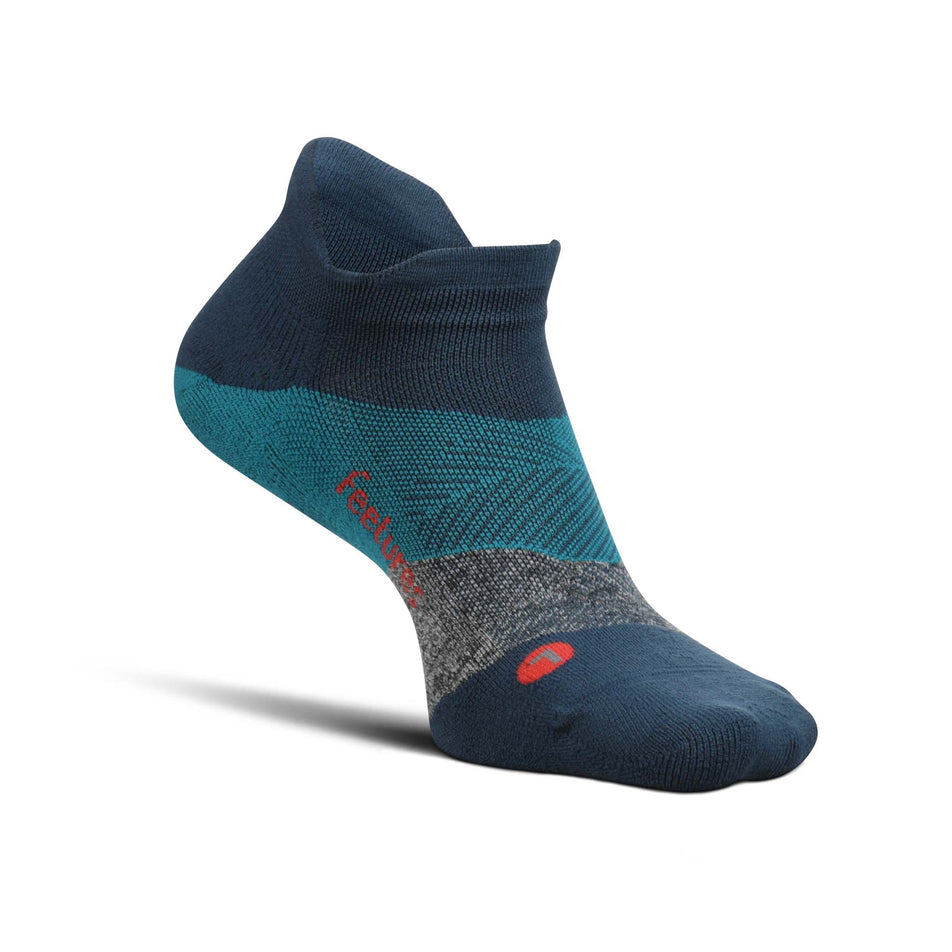 Medial side of the left sock from a pair of Feetures Unisex Elite Light Cushion No Show Tab Running Socks in the Trek Teal colourway (8025178833058)