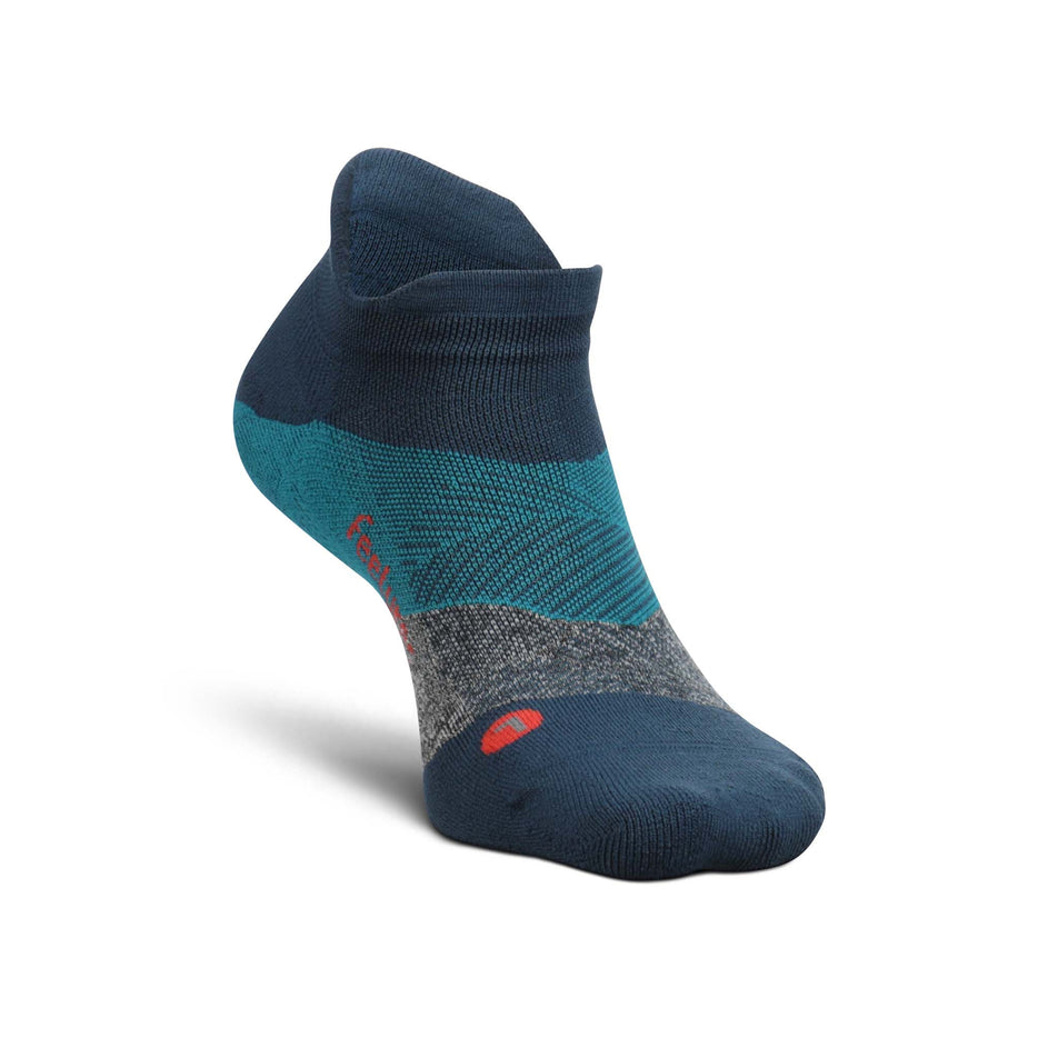 A left sock from a pair of Feetures Unisex Elite Light Cushion No Show Tab Running Socks in the Trek Teal colourway (8025178833058)