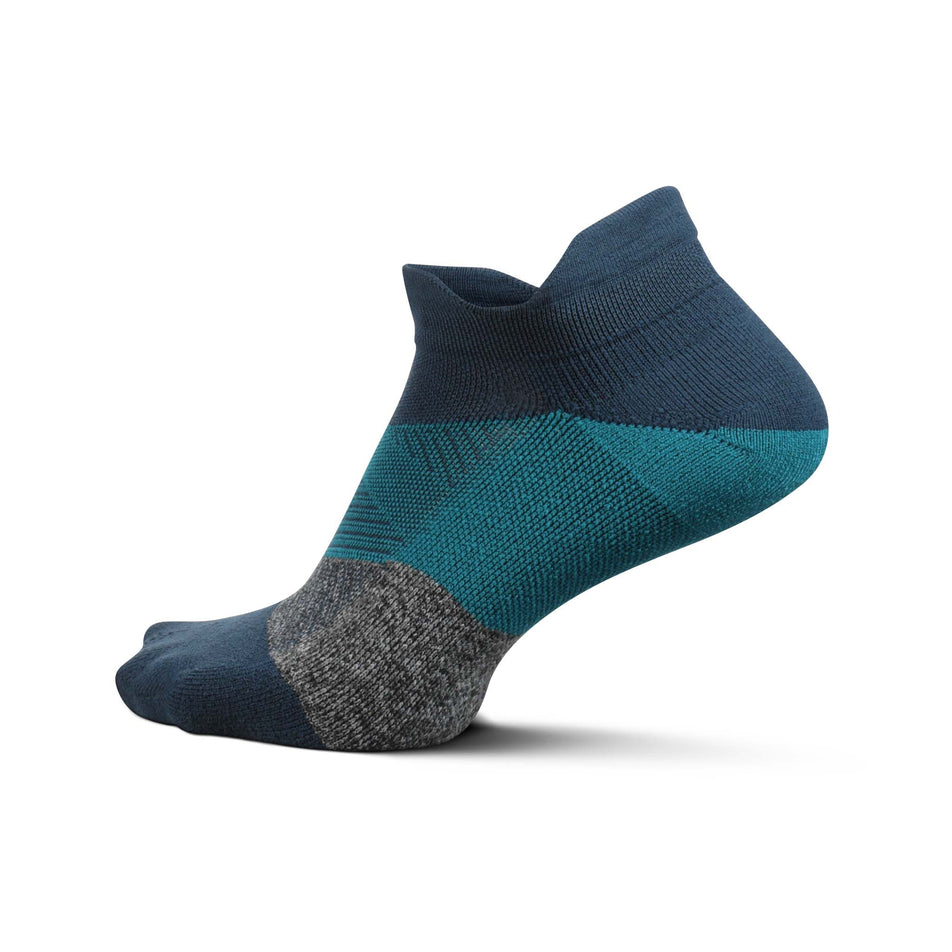 Lateral side of the left sock from a pair of Feetures Unisex Elite Light Cushion No Show Tab Running Socks in the Trek Teal colourway (8025178833058)