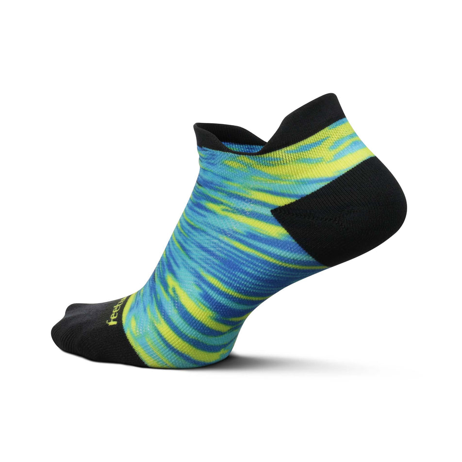 Lateral side of the left sock from a pair of Feetures Unisex Elite Light Cushion No Show Tab Running Socks in the Reflection Blue colourway (8135797637282)