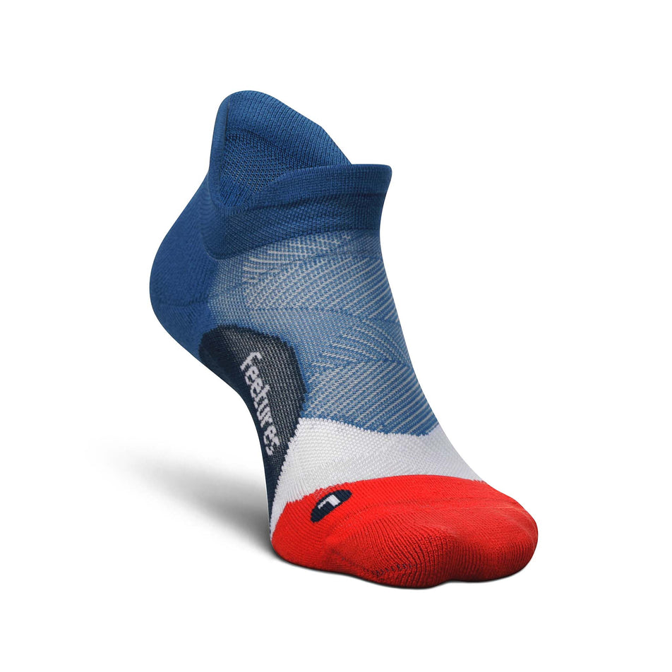 Medial-front side of the left sock from a pair of Feetures Unisex Elite Light Cushion No Show Tab running socks in the Atmospheric Blue colourway (8149374075042)