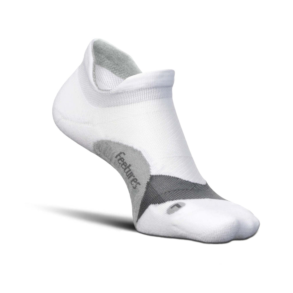 Medial side of the left sock from a pair of Feetures Unisex Elite Light Cushion No Show Tab running socks in the White colourway (8149350514850)