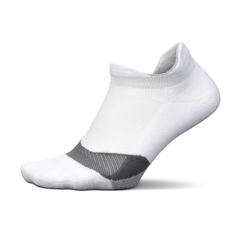 Lateral side of the left sock from a pair of Feetures Unisex Elite Light Cushion No Show Tab running socks in the White colourway (8149350514850)