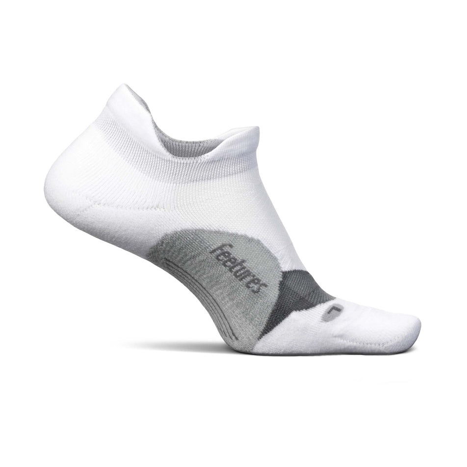 Medial side of the left sock from a pair of Feetures Unisex Elite Light Cushion No Show Tab running socks in the White colourway (8149350514850)