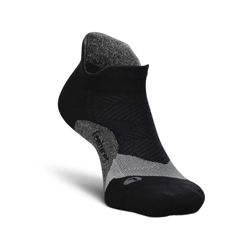 Medial-front side of the left sock from a pair of Feetures Unisex Elite Light Cushion No Show Tab running socks in the Black colourway (8149354709154)