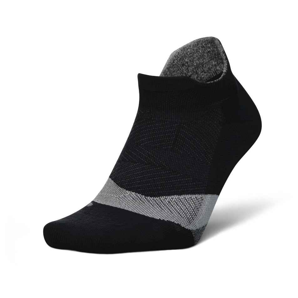 Lateral side of the left sock from a pair of Feetures Unisex Elite Light Cushion No Show Tab running socks in the Black colourway (8149354709154)