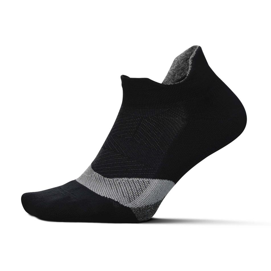 Lateral side of the left sock from a pair of Feetures Unisex Elite Light Cushion No Show Tab running socks in the Black colourway (8149354709154)