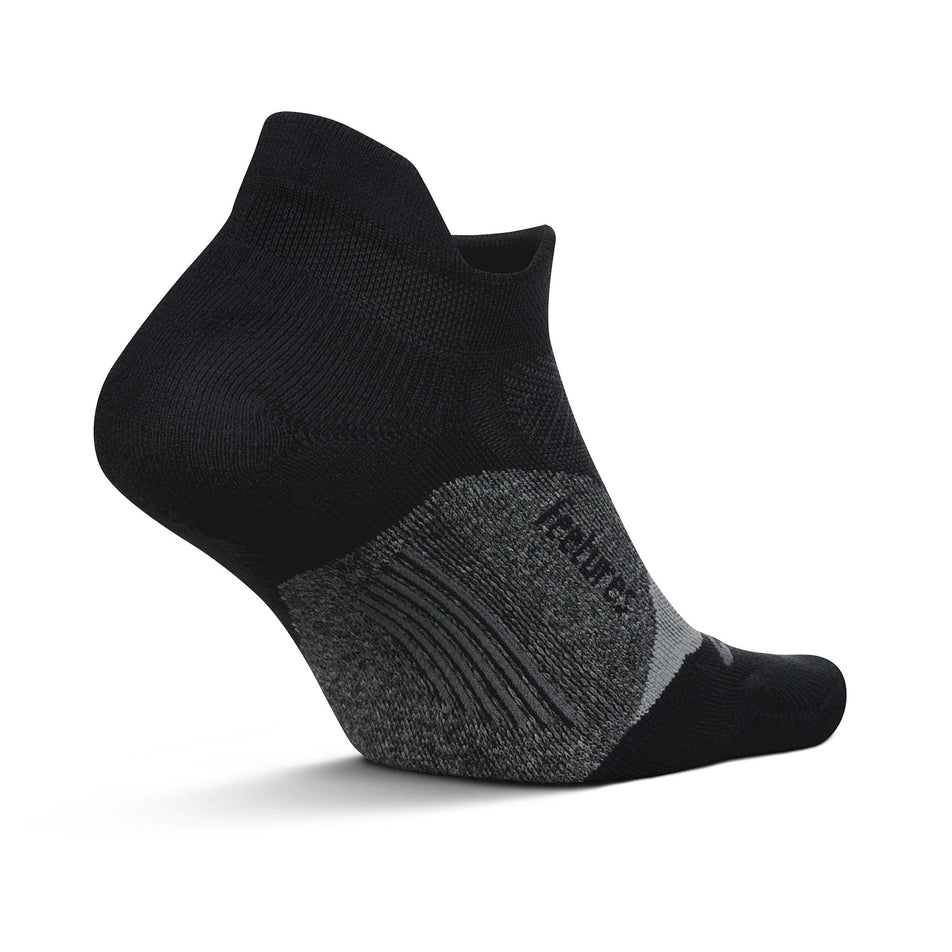 Medial side of the left sock from a pair of Feetures Unisex Elite Light Cushion No Show Tab running socks in the Black colourway (8149354709154)