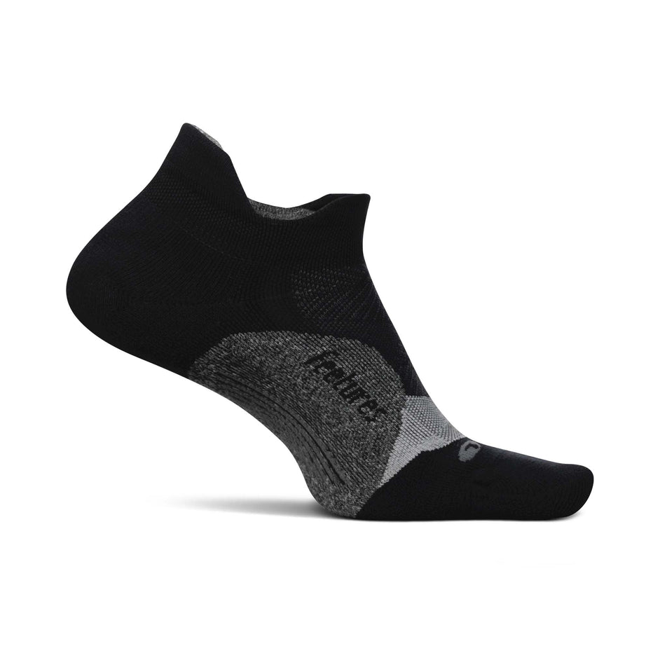 Medial side of the left sock from a pair of Feetures Unisex Elite Light Cushion No Show Tab running socks in the Black colourway (8149354709154)