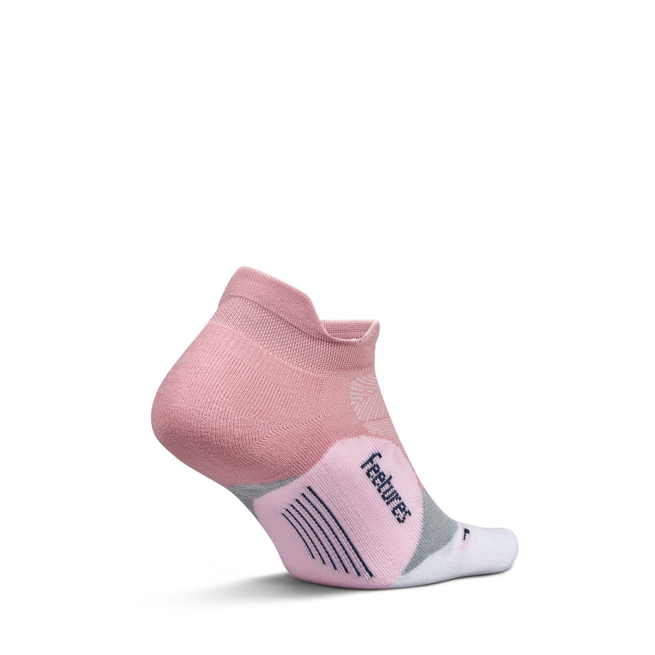Medial view of the left sock from a pair of Feetures Unisex Elite Light Cushion No Show Tab in the Pink Orchard colourway. (8739771318434)