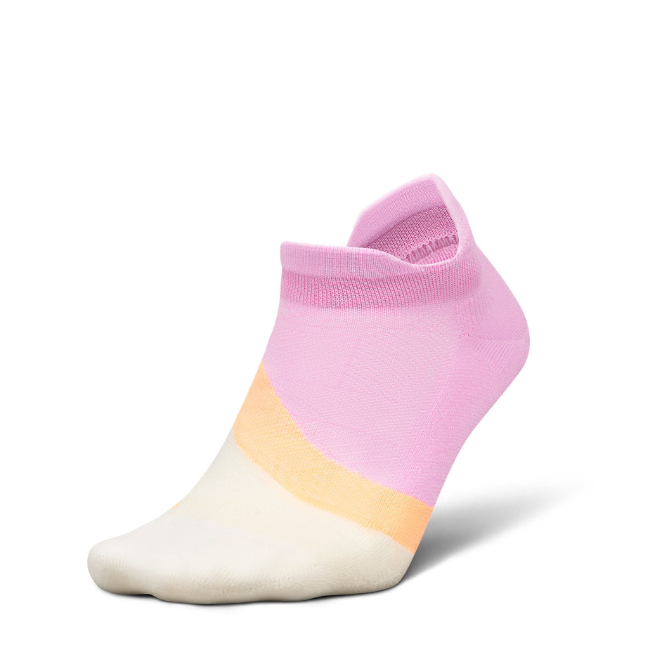 Lateral view of the left sock from a pair of Feetures Unisex Elite Light Cushion No Show Tab in the Pink Citrus colourway.
