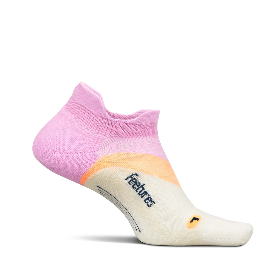 Medial view of the left sock from a pair of Feetures Unisex Elite Light Cushion No Show Tab in the Pink Citrus colourway.