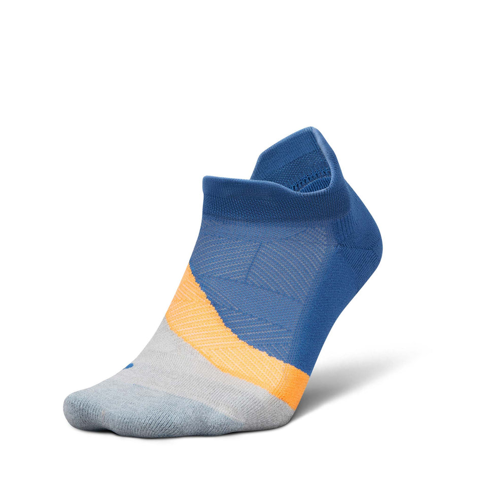 Lateral view of the left sock from a pair of Feetures Unisex Elite Light Cushion No Show Tab in the Rally Blue colourway.