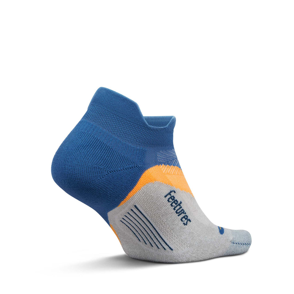 Medial view of the left sock from a pair of Feetures Unisex Elite Light Cushion No Show Tab in the Rally Blue colourway.