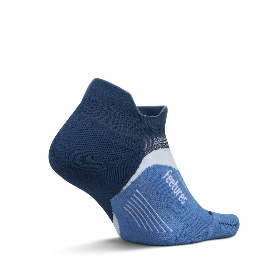 Medial view of the left sock from a pair of Feetures Unisex Elite Light Cushion No Show Tab in the Blue Wave colourway.