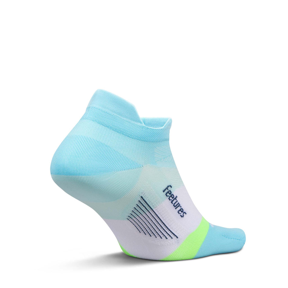 Medial view of the left sock from a pair of Feetures Unisex Elite Ultra Light No Show Tab in the Cool Plunge colourway.