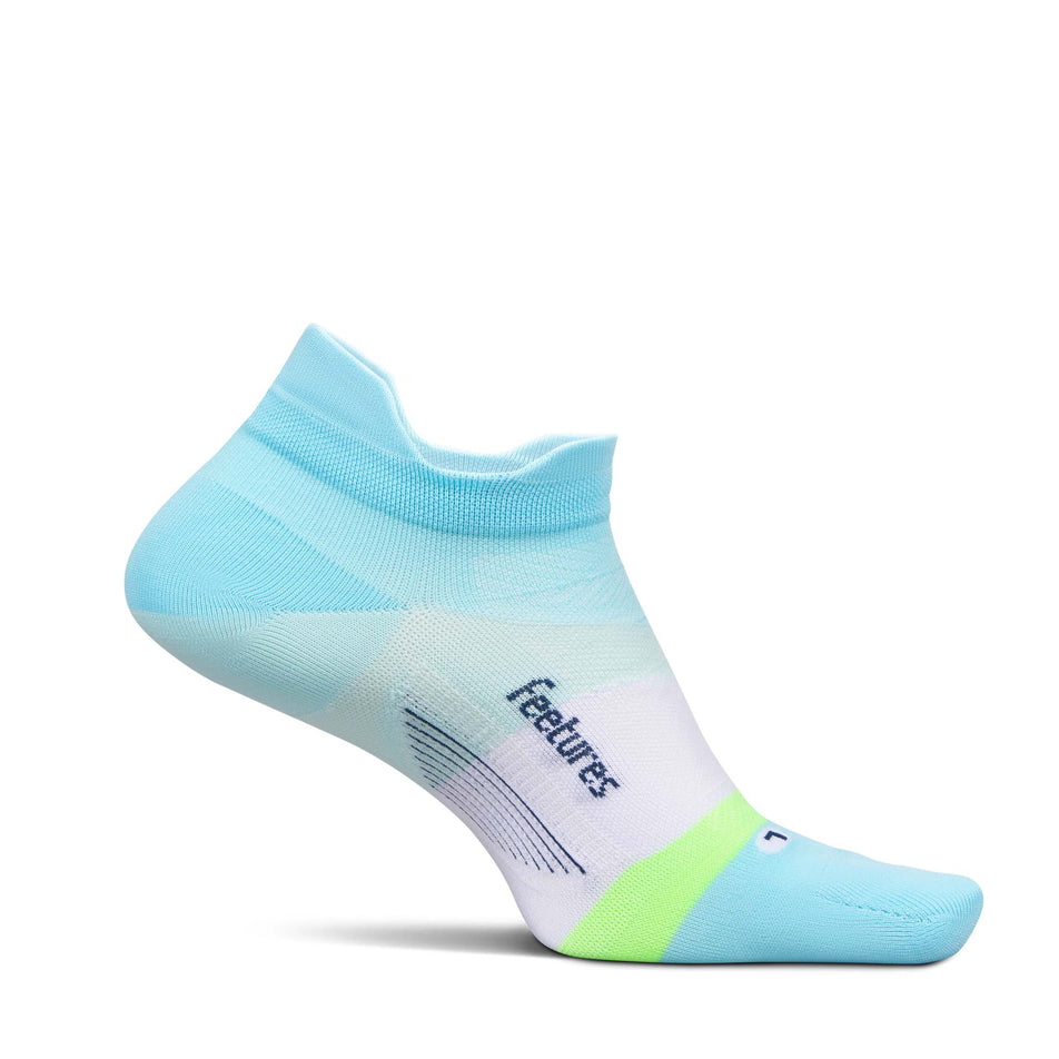 Medial view of the left sock from a pair of Feetures Unisex Elite Ultra Light No Show Tab in the Cool Plunge colourway.