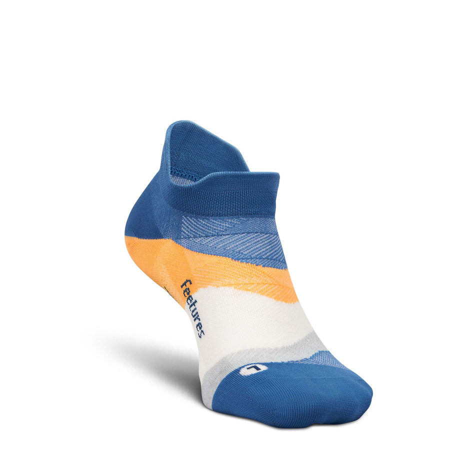The left sock from a pair of Feetures Unisex Elite Ultra Light No Show Tab in the Rally Blue colourway.