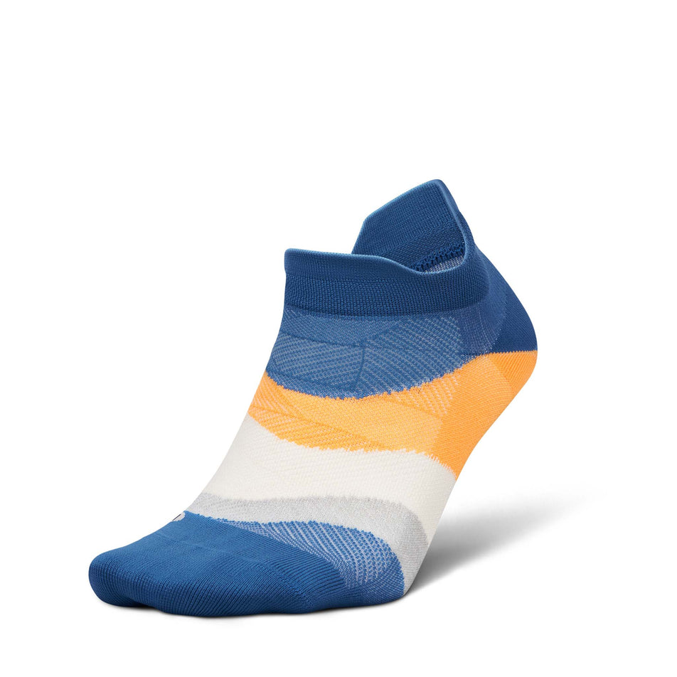 Lateral view of the left sock from a pair of Feetures Unisex Elite Ultra Light No Show Tab in the Rally Blue colourway.