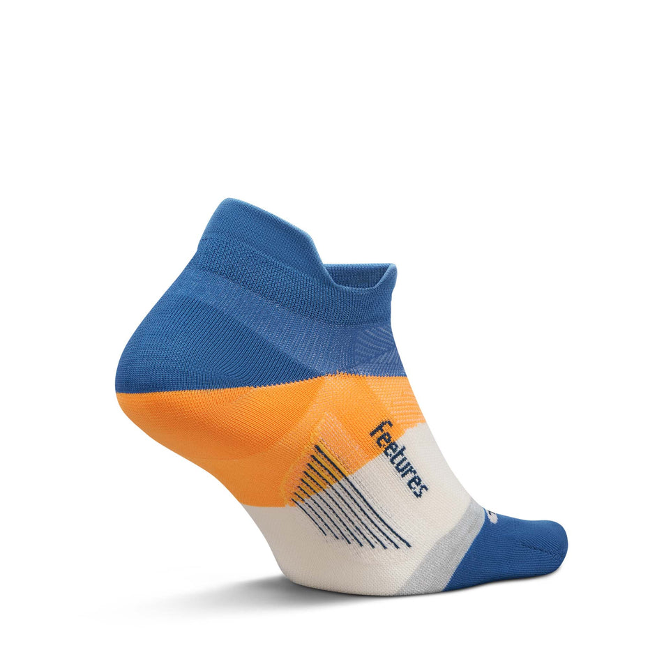 Medial view of the left sock from a pair of Feetures Unisex Elite Ultra Light No Show Tab in the Rally Blue colourway.