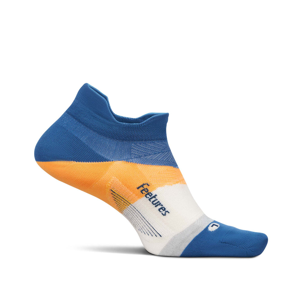 Medial view of the left sock from a pair of Feetures Unisex Elite Ultra Light No Show Tab in the Rally Blue colourway.