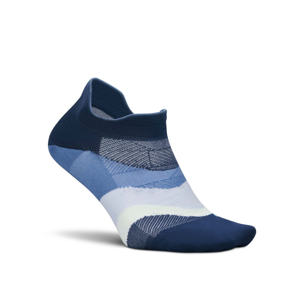 Lateral view of the right sock from a pair of Feetures Unisex Elite Ultra Light No Show Tab in the Blue Wave colourway.