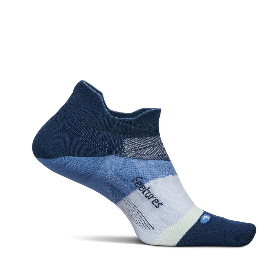 Medial view of the left sock from a pair of Feetures Unisex Elite Ultra Light No Show Tab in the Blue Wave colourway.