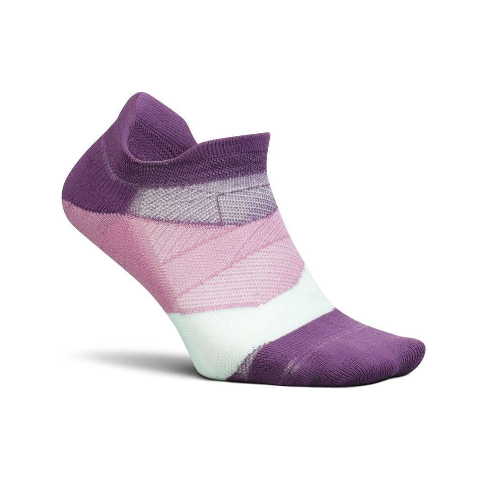 Right sock from a pair of Feetures Elite Ultra Light Cushion No Show Tab Running Socks in the Peak Purple colourway (8025103466658)