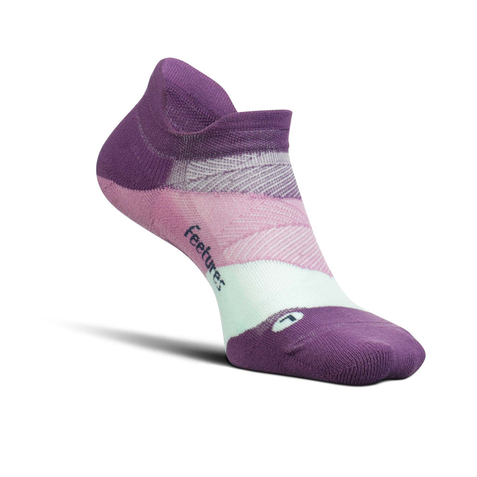Medial side of the left sock from a pair of Feetures Elite Ultra Light Cushion No Show Tab Running Socks in the Peak Purple colourway (8025103466658)