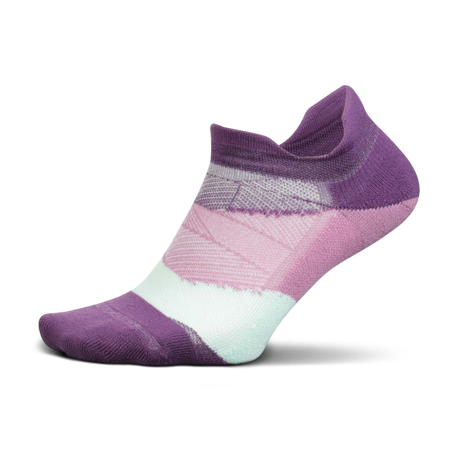 Lateral side of the left sock from a pair of Feetures Elite Ultra Light Cushion No Show Tab Running Socks in the Peak Purple colourway (8025103466658)