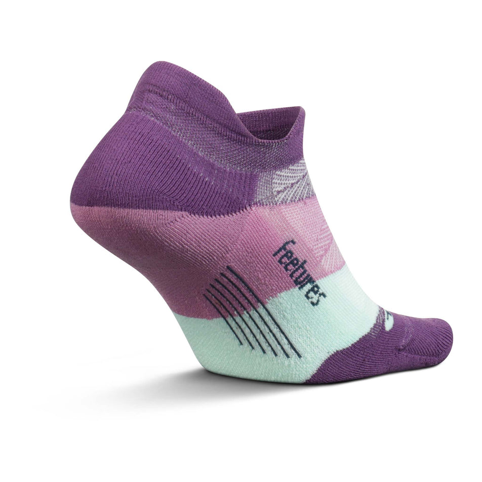 Rear view of the left sock from a pair of Feetures Elite Ultra Light Cushion No Show Tab Running Socks in the Peak Purple colourway (8025103466658)