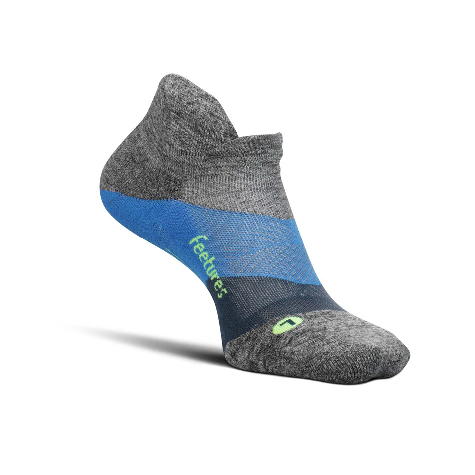 Medial side of the left sock from a pair of Feetures Elite Ultra Light Cushion No Show Tab Running Socks in the Gravity Gray colourway (8025125322914)