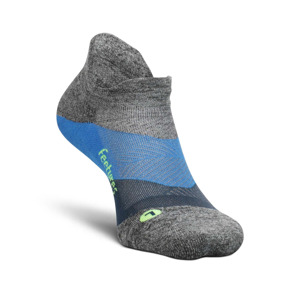 Front view of the left sock from a pair of Feetures Elite Ultra Light Cushion No Show Tab Running Socks in the Gravity Gray colourway (8025125322914)