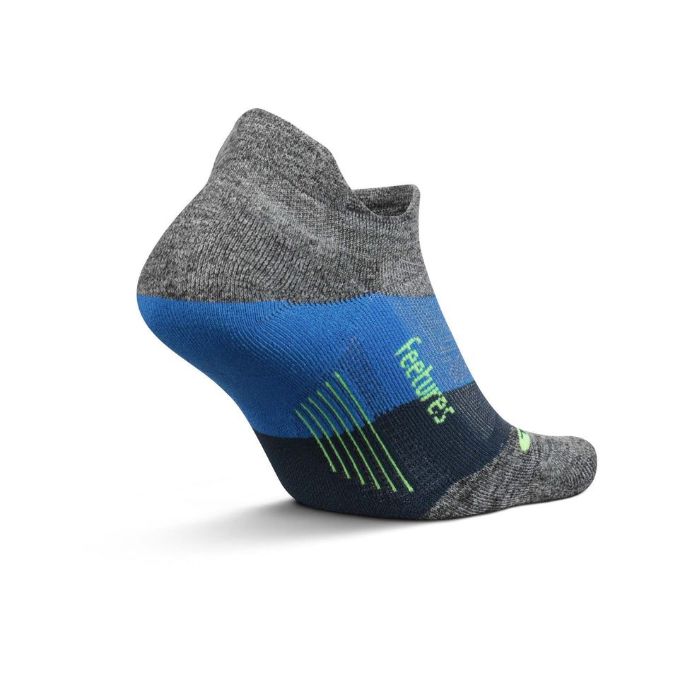 Rear view of the left sock from a pair of Feetures Elite Ultra Light Cushion No Show Tab Running Socks in the Gravity Gray colourway (8025125322914)