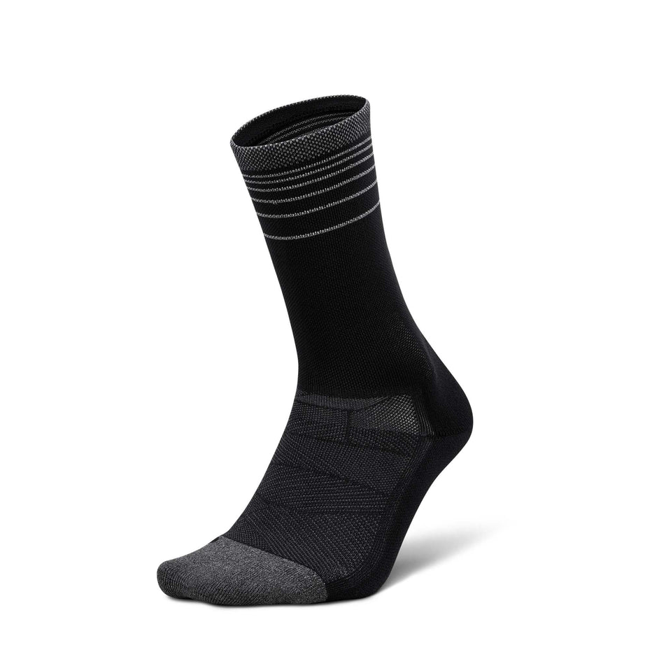Lateral view of the left sock from a pair of Feetures Unisex Elite Light Cushion Mini Crew in the Black Flash colourway.